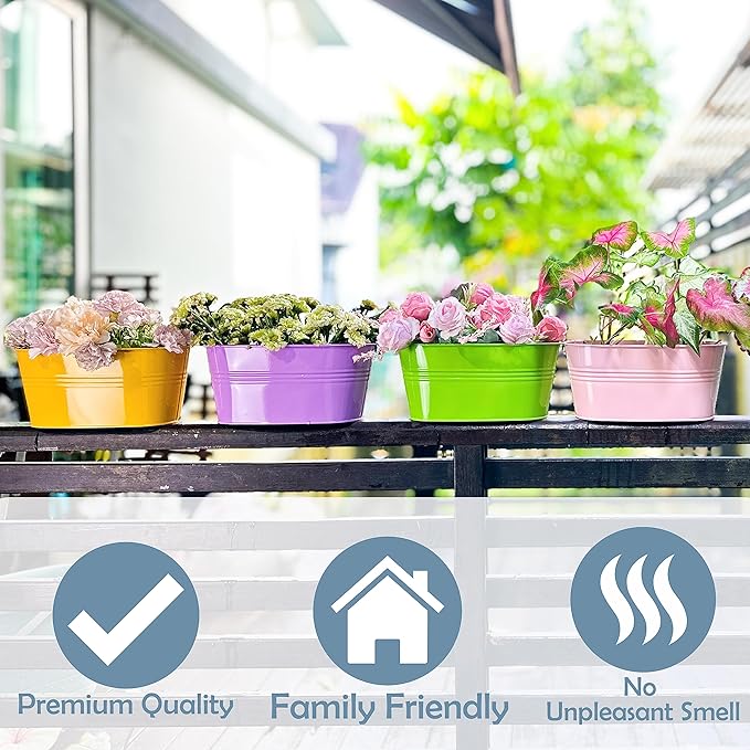 LaLaGreen Rail Planter Outdoor Plants (6 Pack, 9.8 Inch) Small and Cute Metal Iron Strawberry Hanging Flower Pot Deck Railing, Colorful Mini Fence Bucket Wall Mount Window Box Plant Holder Porch Decor L%C3%A1L%C3%A1Green