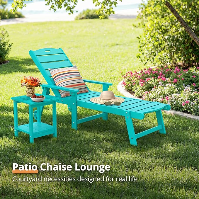 LUE BONA Chaise Lounge Chair with Table, 6-Piece, HDPS Chaise Lounger, 5 Positions Adjustable Lounge Chairs, Pool Lounge Chair with Wheels for Poolside, Backyard, Aruba Blue LUEBONA
