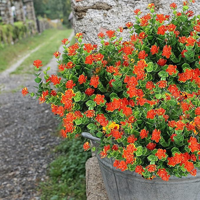 20 Bundles Artificial Fall Flowers Outdoor Fake Flowers, UV Resistant No Fade Faux Plastic Greenery Shrubs Plants for Hanging Garden Porch Window Box Outside Decoration,Home Indoor Decor Orange YIBUKIY