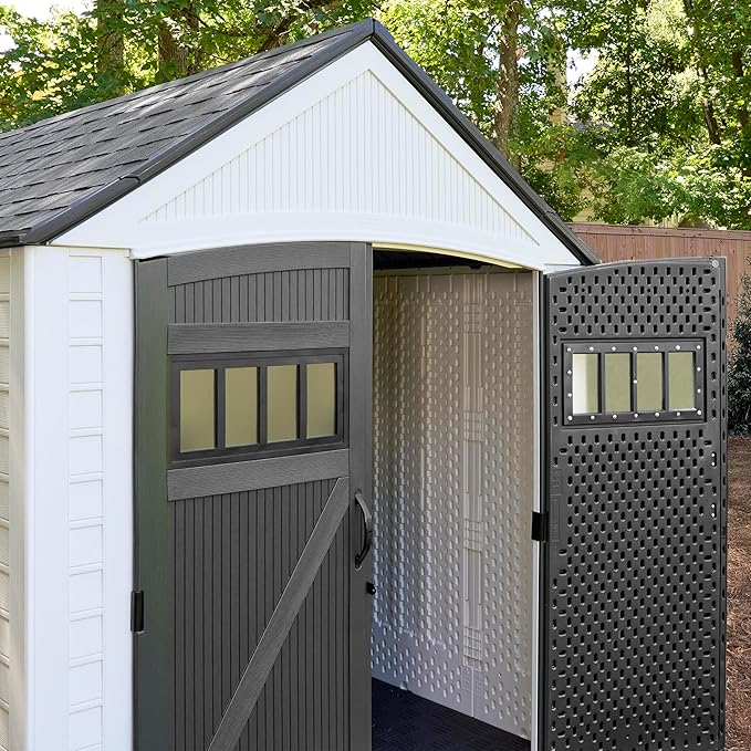 Rubbermaid Resin Outdoor Storage Shed With Floor (7 x 10.5 Ft) Weather Resistant, White, Organization for Home/Backyard/Garden Tools/Lawn Mower/Bike Storage/Pool Supplies Rubbermaid
