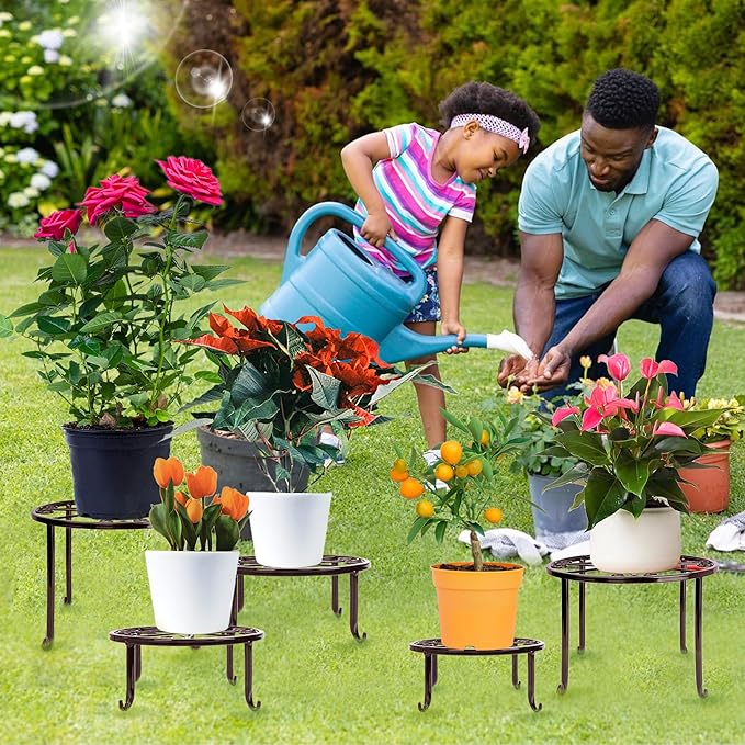 Plant Stand Indoor 5 Pack Brown Metal Plant Stands Outdoor Heavy Duty Flower Pot Stands for Multiple Plants Rustproof Iron Round Plant Holder for Plants Indoor Planter for outdoor plants & Garden Decor ﻿ XGUNION
