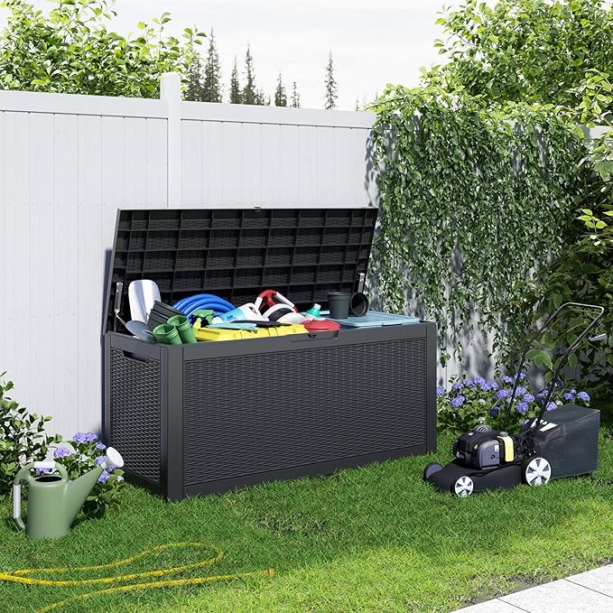 100 Gallon Outdoor Deck Box, Lockable Waterproof Outdoor Storage Boxes For Garden Tools,Indoor Cushions,Accessories Outside Storage Resin Weatherproof Container(Black) MAIUSCOLI
