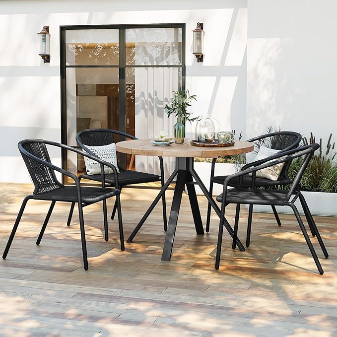 Amopatio Outdoor Dining Chairs Set of 6, Rattan Patio Chairs Wicker, Stackable Indoor-Outdoor Chair, Bistro, Deck, Yard, Porch, Restaurant Stack Chairs, Black Amopatio