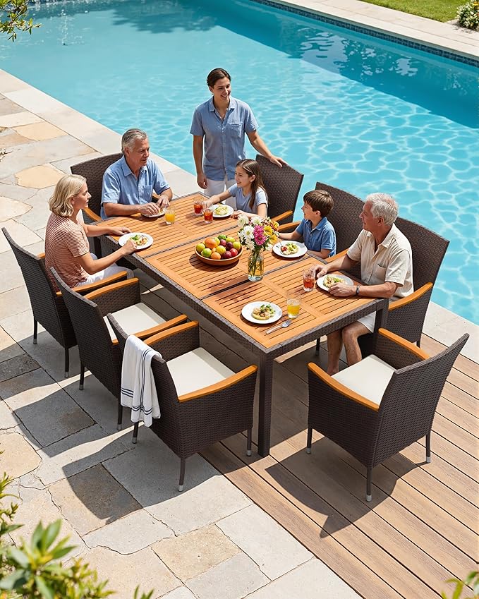 Flamaker 9 Piece Patio Dining Set Outdoor Acacia Wood Table and Chairs with Soft Cushions Wicker Patio Furniture for Deck, Backyard, Garden (Brown) Flamaker