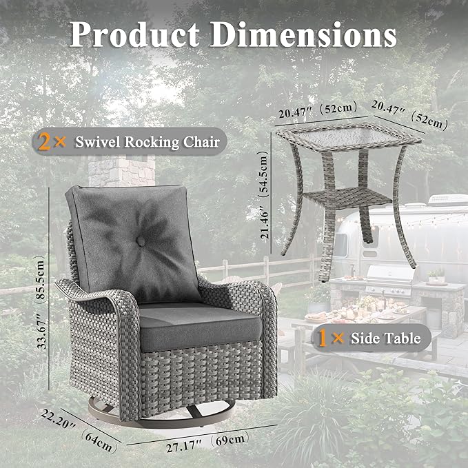 2-Seat Modern Patio Furniture Set with Swivel Rocking Chairs, Thick 4″ Cushions, Dual-Strand Wicker Rattan, Rust-Resistant Steel Frame – Outdoor Conversation & Modular Sectional,Black MASIONBACKYARDS