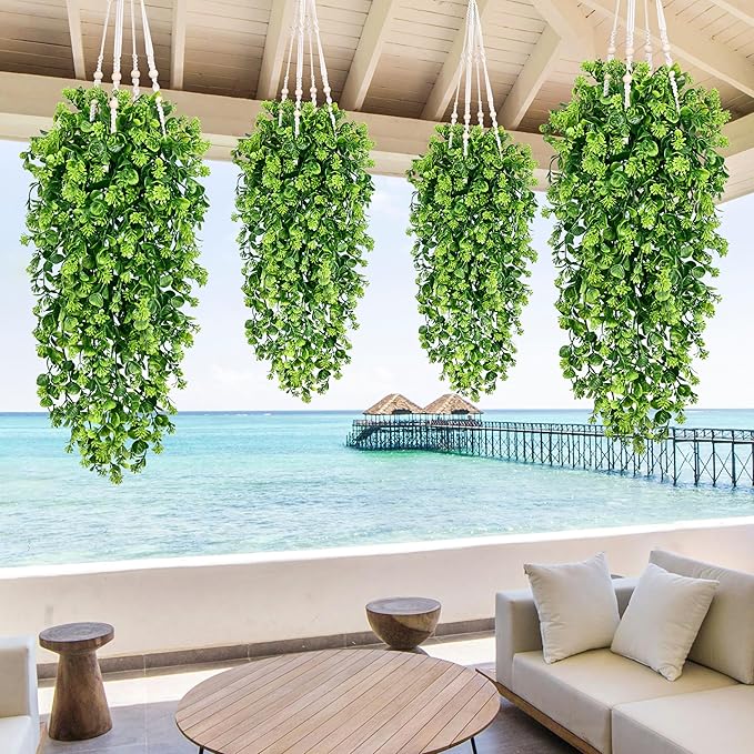 Waipfaru 4Pcs Fake Hanging Plants 3ft Fake Plants UV Resistant Fake Vines Artificial Decor for Indoor Outdoor Party Wall Porch Wedding Decoration,Light Green Waipfaru