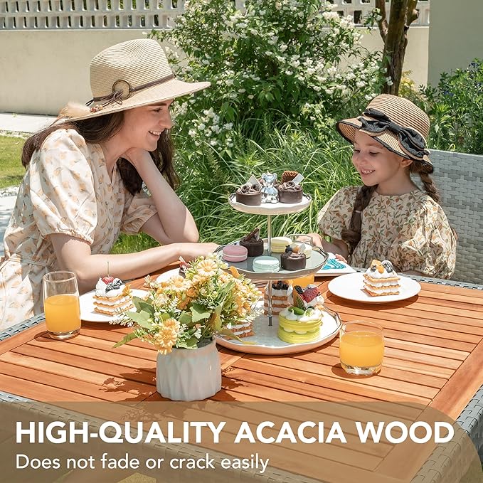 Devoko 5 PCS Furniture, Patio Conversation Set with Acacia Wood Top, Rattan Outdoor Dining Table and Chairs for Backyard, Garden, Deck, Grey DEVOKO