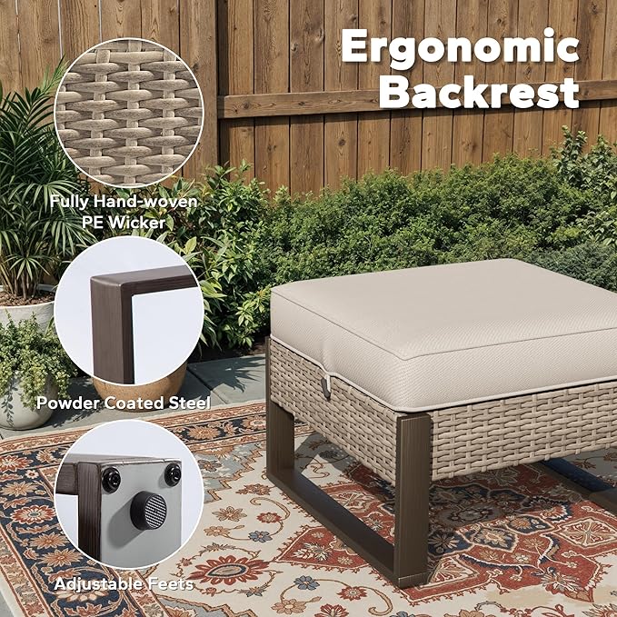 Joyside Outdoor Patio, All-Weather PE Rattan Ottomans Footstools with Removable Cushions & Anti-Rust Wood-Looking Legs for Garden, Backyard, Porch, Deck (Beige) Joyside