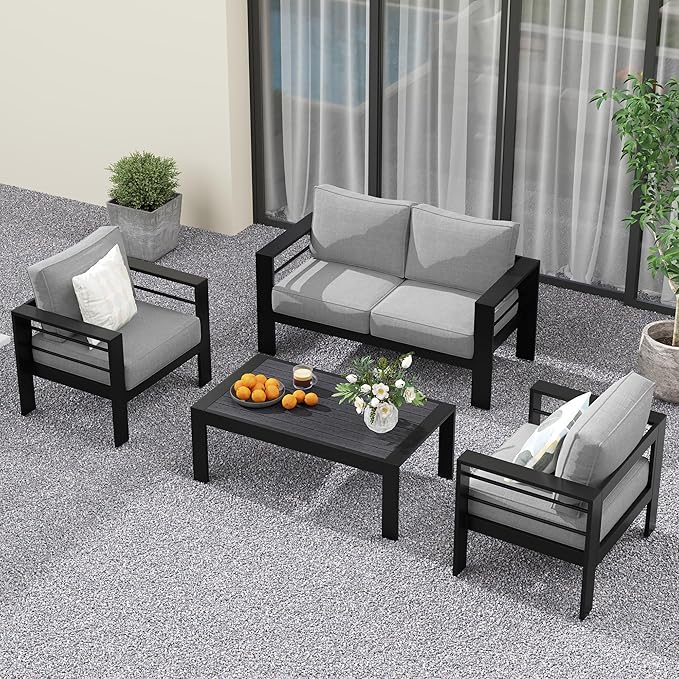 Solaste Aluminum Patio Furniture Set for All Weather, Oversized Metal Outdoor Furniture Set with 27.5" Deep Seating and 3.2" WIde Armrest, Outdoor Patio Conversation Sets with 10’’ Back Suport Cushion Solaste