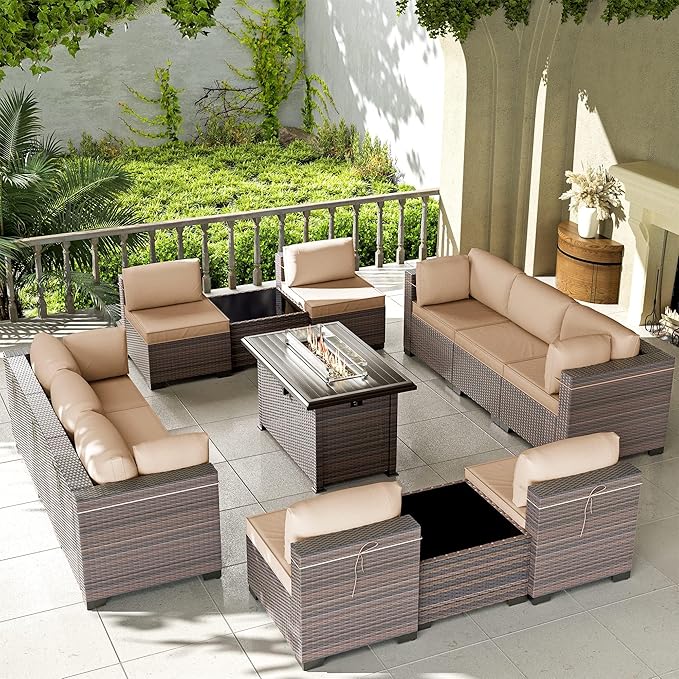 Kullavik 13 Pieces Outdoor Patio Furniture Set with 43" 55000BTU Gas Propane Fire Pit Table PE Wicker Rattan Sectional Sofa Patio Conversation Sets,Khaki KULLAVIK