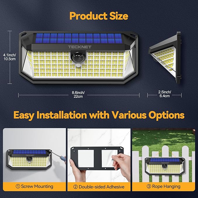 TECKNET 416 LED Solar Lights Outdoor Waterproof, 300° Angle & 3 Lighting Modes Motion Sensor Outdoor Lights, 2 Pack Solar Powered Flood Wall Lights IP66 for Home Patio Fence Yard Deck Garage Street Tecknet