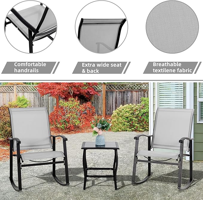 Vongrasig 3 Piece Outdoor Rocking Bistro Set, Textilene Fabric Small Patio Furniture Set, Front Porch Rocker Chairs Conversation Set with Glass Table for Lawn, Garden, Balcony, Poolside (Light Gray) Vongrasig