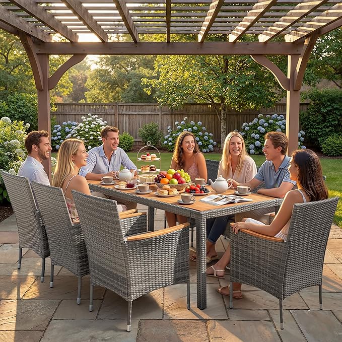 Devoko Outdoor Patio Dining Sets 9 Pieces Wicker Outdoor Dining Table and Chairs Set with Acacia Wood Table Top and Widened Armrests for Backyard, Garden, Deck (Grey) DEVOKO