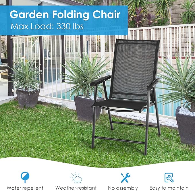 Giantex Set of 4 Patio Folding Chairs, Outdoor Chairs with Armrest, Portable Dining Chairs for Porch Camping Pool Beach Deck Lawn Garden, 4-Pack Patio Chairs, Metal Frame, Black Giantex