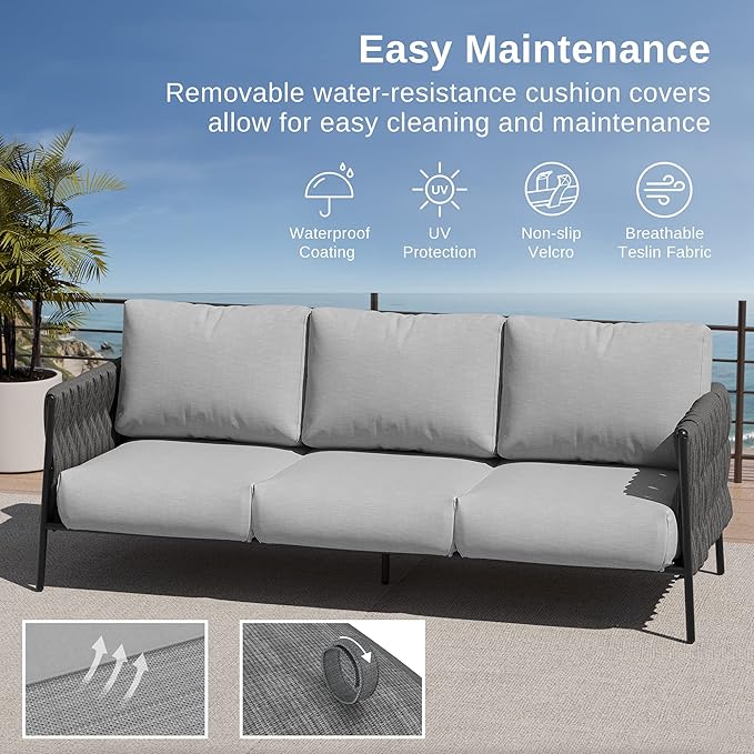 EAST OAK Life Chatter Outdoor Sofa, Outdoor Furniture 3 Seats with Waterproof Thick Cushions, Modern Patio Sofa Deep Seating for Outdoor Garden Porch Blackyard, Earth Black & Misty Grey EASTOAK