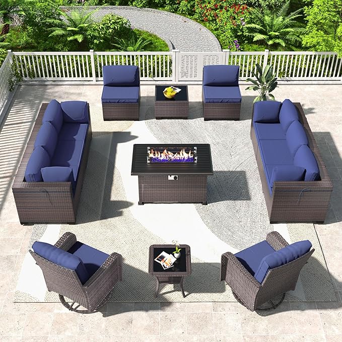 Kullavik 13 Pieces Outdoor Patio Furniture Set,PE Wicker Rattan Sectional Sofa Patio Conversation Sets with 43" 55000BTU Gas Propane Fire Pit Table,Swivel Rocking Chairs Set,Navy Blue KULLAVIK