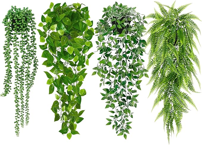 Palonu Artificial Hanging Plants for Shelf, 4 Pack Fake Potted Greenery Plant Faux Mandala Vine, String of Pearls, Ivy Vine,Persian Grass Fern in Pot for Desk Home Bathroom Farmhouse Room Table Decor Palonu