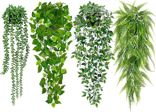 Palonu Artificial Hanging Plants for Shelf, 4 Pack Fake Potted Greenery Plant Faux Mandala Vine, String of Pearls, Ivy Vine,Persian Grass Fern in Pot for Desk Home Bathroom Farmhouse Room Table Decor Palonu