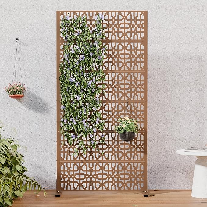 Casaphoria Metal Privacy Screen Outdoor, 72" H x 35" W Freestanding Decorative Privacy Screen for Patio Deck Balcony Garden with Stable Base, Brown-Perilla Casaphoria