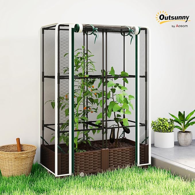 Outsunny Raised Garden Bed with Trellis, 46.5" Tomato Cage with Crop Cage, Self Watering Planter Box with Drainage Holes and Plugs for Outdoor Patio Climbing Plants, Vines, Vegetables, Flowers, White Outsunny