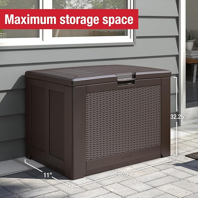 Rubbermaid Medium Resin Outdoor Storage Deck Box (74 Gal) Weather Resistant Brown Deck Organization for Home/Backyard/Pool Chemicals/Toys/Garden Tools/Porch/Patio Cushions Rubbermaid