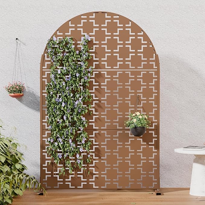 Casaphoria 72" H x 47" W Arched Metal Privacy Screen - Elegant Freestanding Outdoor Screen for Deck, Patio & Balcony - Versatile Decorative Privacy Panels for Home & Garden Use (Brown-Square) Casaphoria