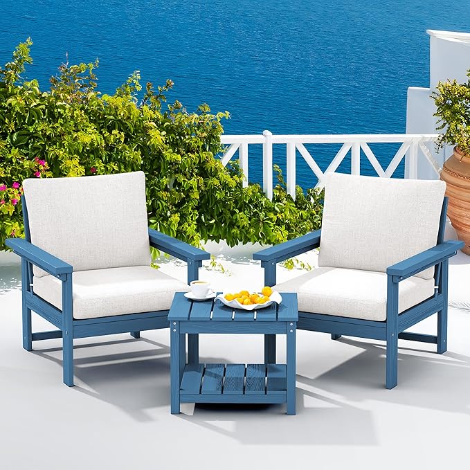 SERWALL HDPE Patio Sofa Set, 3-piece Sectional Outdoor Furniture Set, All Weather Outdoor Couch Set Patio Furniture Set for Deck, Lawn, Blue Frame with Khaki Cushion SERWALL