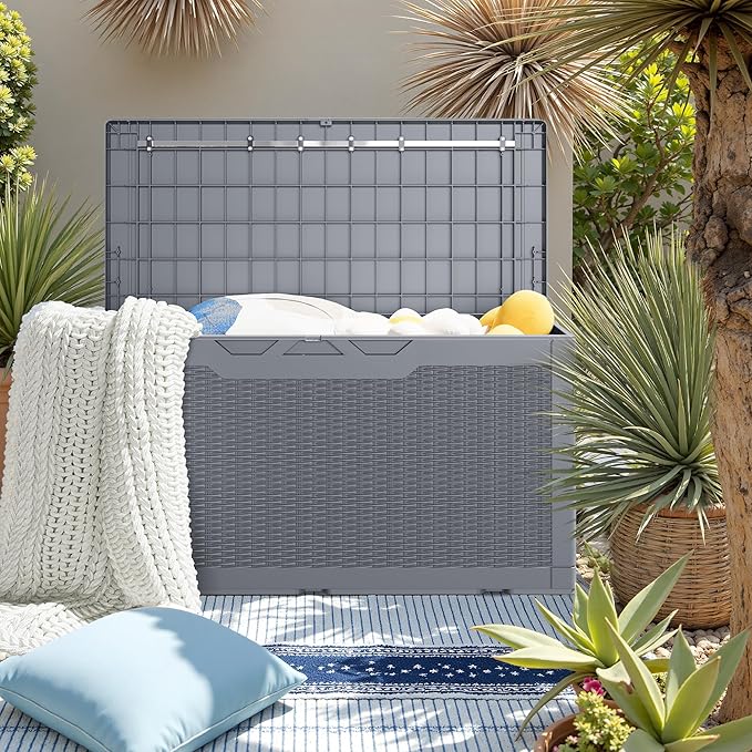 JUMMICO 100 Gallon Resin Deck Box, Waterproof Outdoor Storage Box with Lockable Lid for Garden Tools, Patio Cushions (Gray) JUMMICO