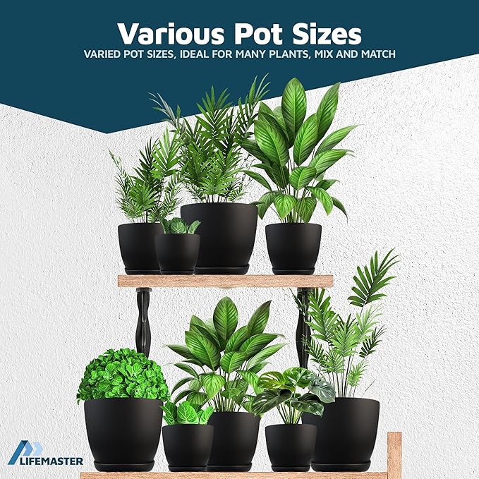 Black Plant Pots with Drainage Holes & Saucers 15 Pack, Indoor & Outdoor Stackable Space-Saving Planters for Houseplants & Flowers, (7", 6.7", 6", 5.3", and 4.8" Inches), Durable & Weatherproof LIFEMASTER
