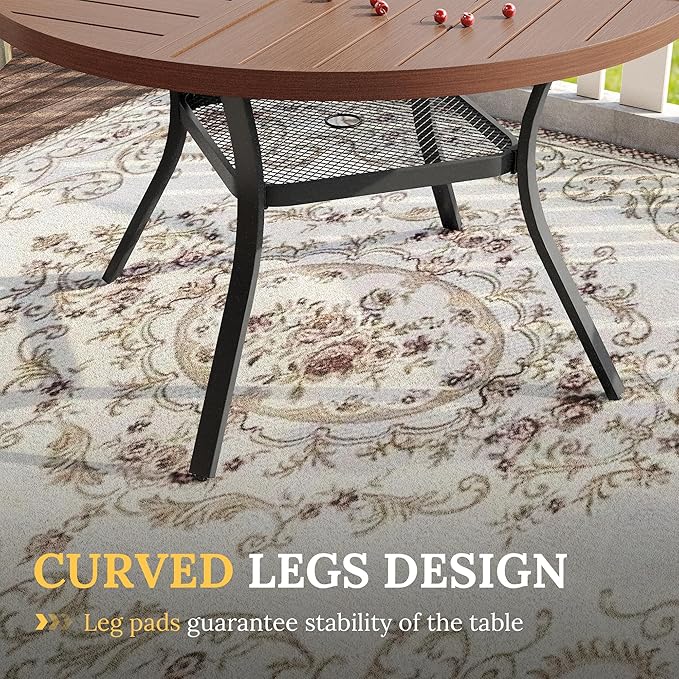 VICLLAX Round Patio Table with Adjustable Umbrella Hole for 4, All Weather Metal Outdoor Dining Table for Lawn Garden, 40.6" Outdoor Coffee Table, Walnut Wood-Like Tabletop HOME