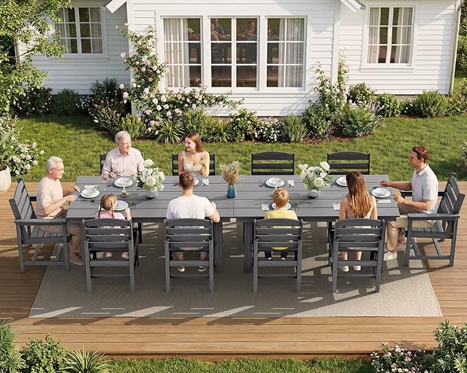 SERWALL Patio Dining Sets for 10 Person, HDPE Dining Set with 2 Tables, 8 Armless Chairs and 2 Armed Dining Chairs, Gray SERWALL