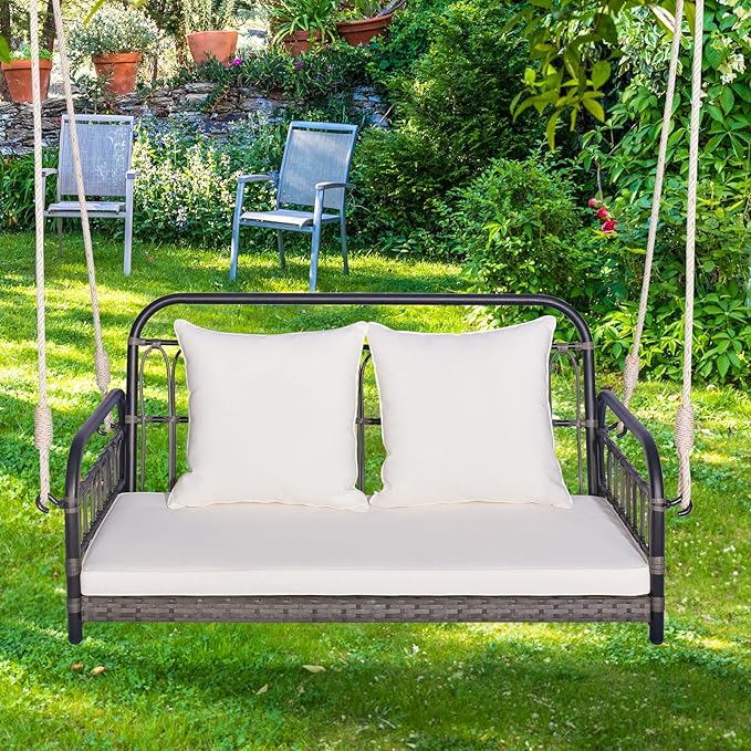 Tangkula Outdoor Wicker Porch Swing, 2-Person Hanging Seat with Seat & Back Cushions, Heavy-Duty Metal Frame & 2 Sturdy Hanging Ropes, Wicker Woven Swing Loveseat for Front Porch TANGKULA