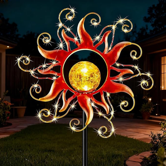 Solar Lights Outdoor Waterproof Red Sun Metal Crackle Glass Stake Decorative for Outside,Yard,Lawn,Patio,Walkway Mothers'Day Gifts Mom Grandma Garden Lover KACUX