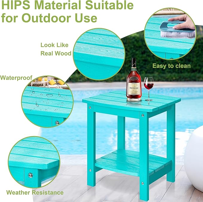 Y&M Outdoor Side Table, HIPS Adirondack Small Double Layer Table, Waterproof Square Balcony Modern End Tables for Patio, Pool, Beach, Porch, Deck, Indoor or Outdoor Use, Aruba Blue YM