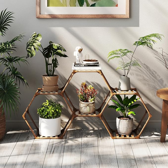 Tikea Plant Stand Indoor Hexagonal Plant Stand for Multiple Plants Indoor Outdoor Large Wooden Plant Shelf Creative DIY 6 Tiered Flowers Stand Rack for Living Room Balcony Patio Window Tikea