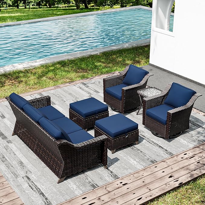 Joyside Wicker Patio Furniture Sets, 6 Pieces Upgraded Large Size Outdoor Furniture with Swivel Rocking Patio Chairs, Outdoor Ottoman, 3-Seat Sofa and Side Table, Thick Cushions, Wide Armrest Joyside