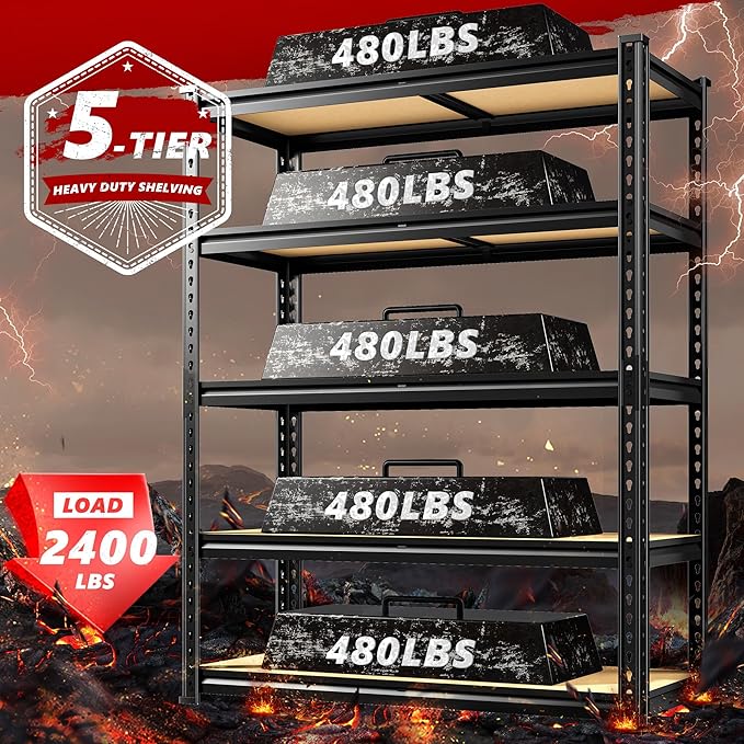 REIBII 2400LBS Garage Shelving Heavy Duty 5 Tier Storage Shelves Adjustable Garage Shelves, Utility Rack Shelf, Shelving Units for Storage Warehouse Pantry Closet, 35.5" W x 11.9" D x 72" H, 2 Pack REIBII