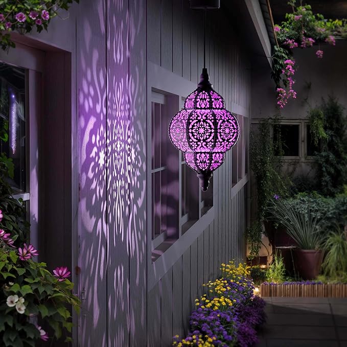 Hanging Solar Lights Outdoor Garden Decor Solar Lantern Waterproof Plastic Moroccan Outdoor Decorations for Patio Pathway Yard Backyard Garden Decorative (2, Purple) Hapjoy