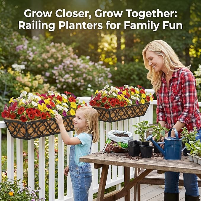 HFHOME 2 Pcs 30" Window Box Deck Railing Planter with Horse Trough Coco Liners, Black Metal Hanging Flower Planters Baskets for Indoor, Outdoor, Balcony, Porch, Fence, Patio, and Lawn HFHOME