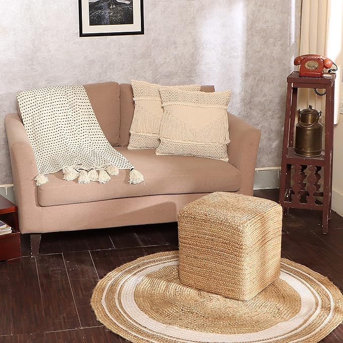 REDEARTH · Cube Pouf Foot Stool Ottoman - Jute Braided Pouffe Poof Accent Sitting Footrest for The Living Room, Bedroom, Nursery, Patio, Lounge & Other Rooms in The Home (14.5”X14.5”X16”; Natural) REDEARTH