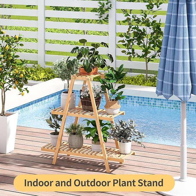 Bamboo Plant Stand - Indoor/Outdoor 3 Tier Plant Ladder, 8 Potted Flower Holder, Natural Furshus