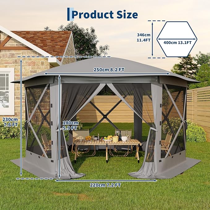 13x13FT 6-Sided Pop Up Gazebo Tent，One-Push Setup Canopy Tent with Removable Canopy Top & Wind Cloths, Outdoor shelter for Camping, Backyard Parties, Outdoor Events - Grey GarveeLife