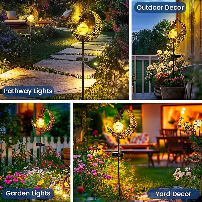 Fairy Garden Solar Lights Outdoor Moon Stakes, Waterproof Outdoor Metal Decor Gifts for Women Mom, Art Moon Sculpture for Yard, Patio, Garden, Porch, 1 Pack Suncket