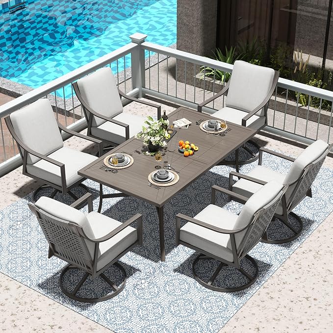 NATURAL EXPRESSIONS 7 Piece Patio Dining Table Outdoor Furniture Set for 6, 6Pcs Swivel Patio Dining Chairs with Olefin Cushions, 65”Large Dining Table with Umbrella Hole NaturalExpressions