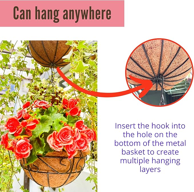 LaLaGreen Hanging Planter for Outdoor Plants (14 Inch, 4 Pack) Hanging Baskets with Coco Liner, Black Metal Wire Flower Basket Pots with Hook Hanger Balcony Porch Farmhouse Country Style Garden Decor L%C3%A1L%C3%A1Green
