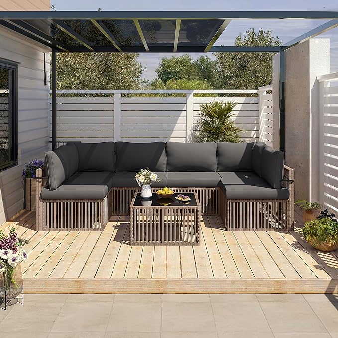 Pamapic 7 Piece Outdoor Sectional Sofa Set, All-Weather Patio Furniture with Washable Cushions, Waterproof Brown Rattan Wicker Conversation Set for Backyard, Poolside, Gray Cushion Pamapic
