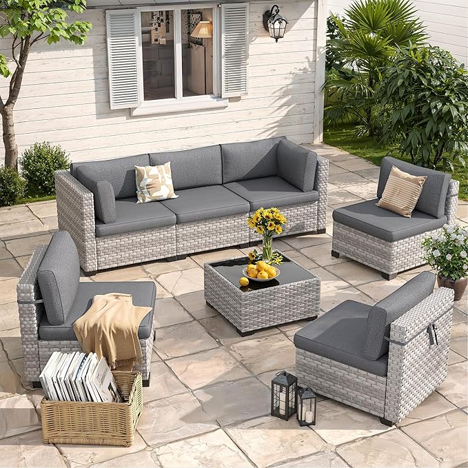 6-Piece Outdoor Patio Furniture Set, All-Weather Wicker Sectional Sofa with Deep Seating 4” Cushions, Heavy-Duty Steel Frame, Modular Rattan Couch for Backyard, Deck & Garden, Black MASIONBACKYARDS