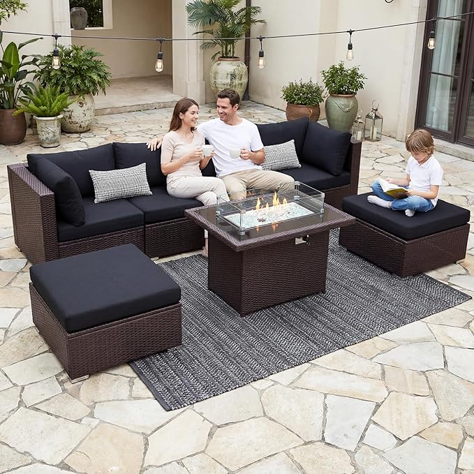 NICESOUL 29.3'' High Back Patio Set with Firepit Propane & Natural Gas, 7 Piece Oversized Large Wicker Outdoor Sectional Couche Sets, Heavy Duty Backyard Furniture, Brown Rattan and Black Cushion NICESOUL