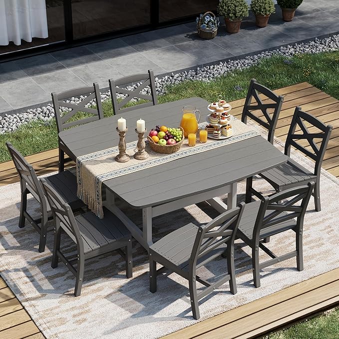 9-Piece Patio Dining Table Set, HDPE Outdoor Table and Chairs Set, All-Weather Outdoor Dining Set for 8 with Umbrella Hole, Durable Patio Furniture Set with Chairs,White Grey Rootora