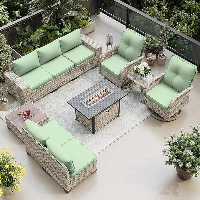 10-Piece Outdoor Patio Furniture Set with Rocking Swivel Chair, PE Wicker Rattan Sectional Sofa Patio Conversation Set with 55,000 BTU Fire Pit Table & Coffee Table, Light Green MuphyersPatioFurniture